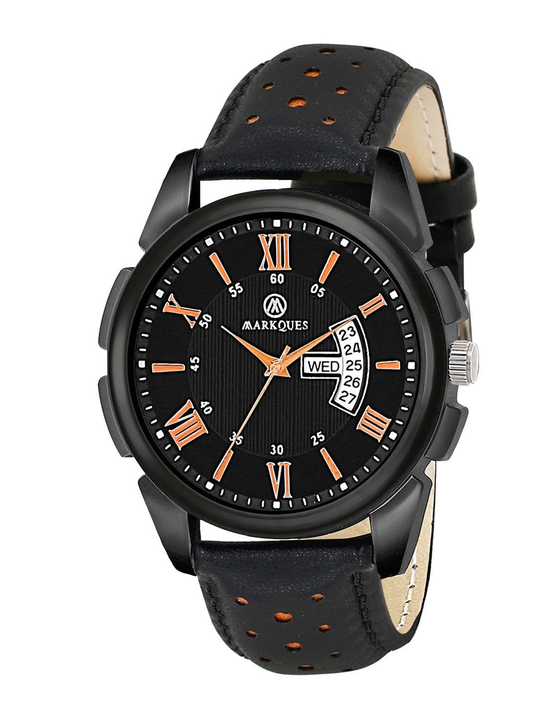 markques men black printed dial & black leather straps analogue watch ind-77010104-black