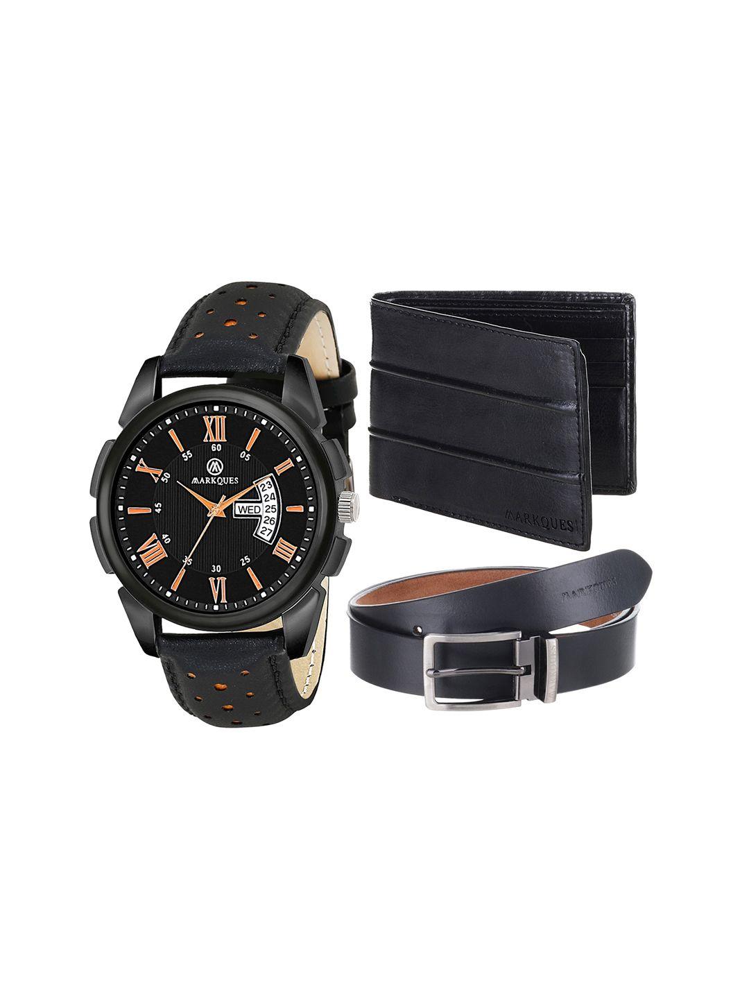 markques men black watch, belt and wallet combo accessory gift set