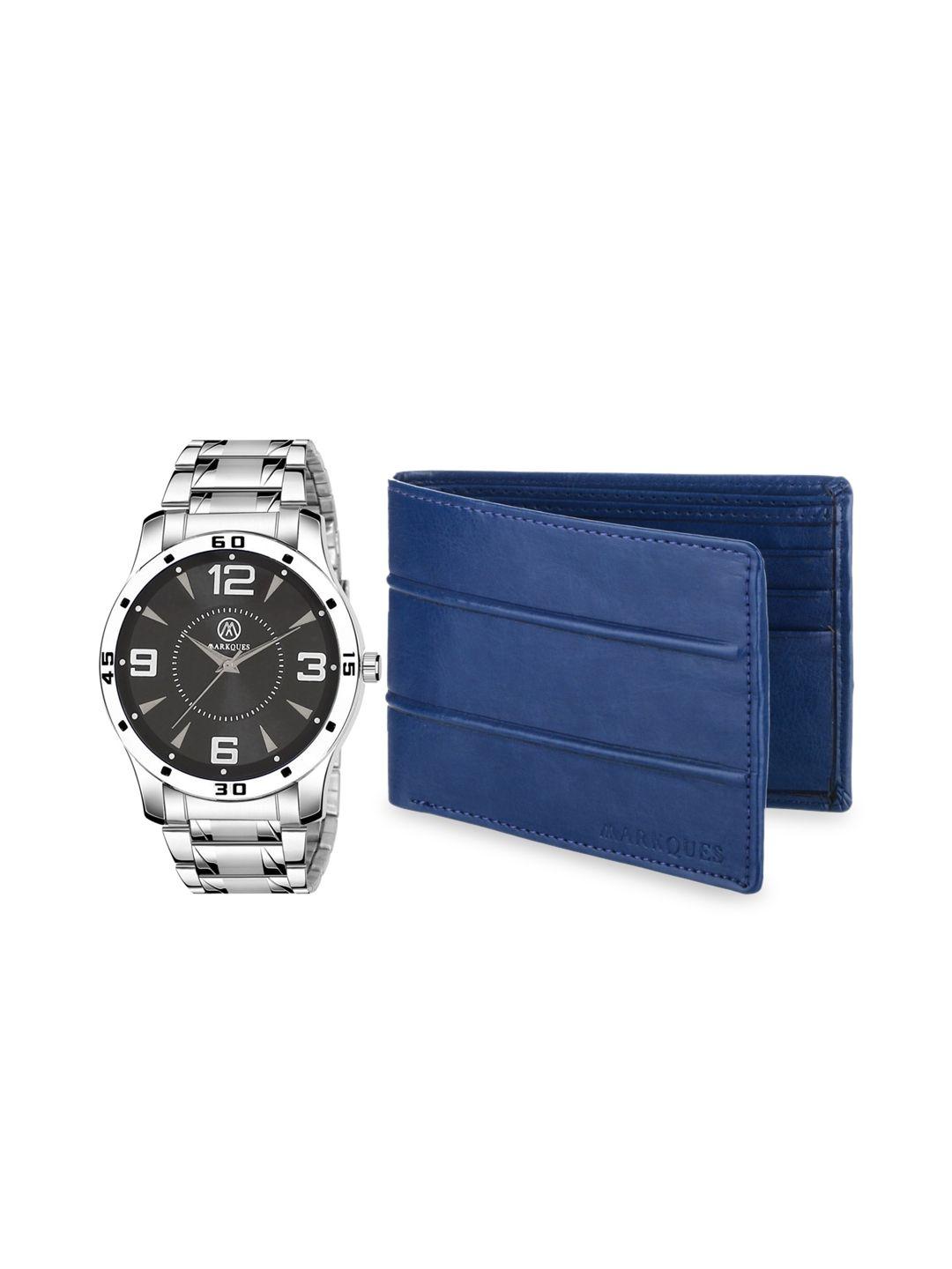 markques men blue & silver solid leather accessory gift set