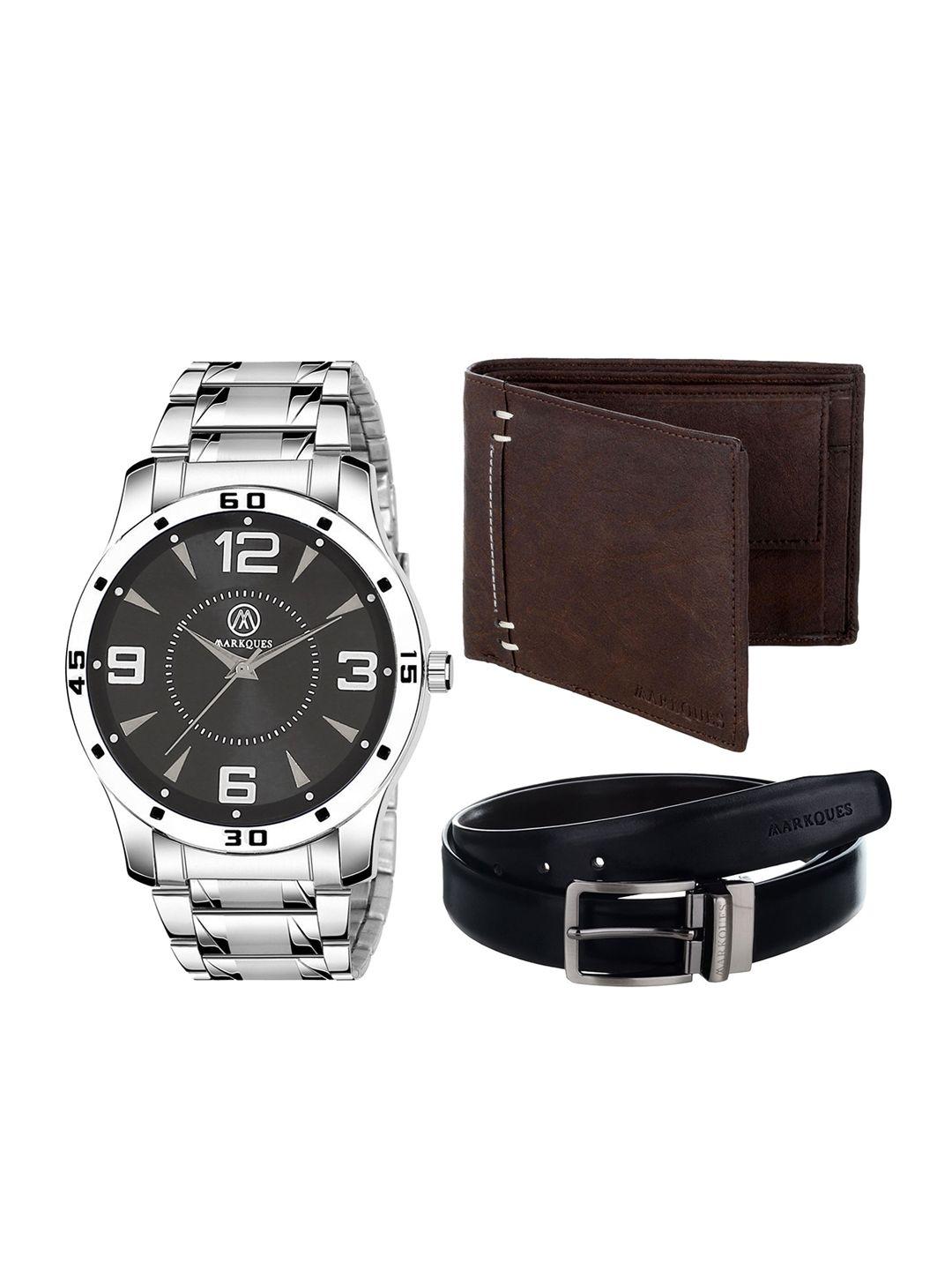 markques men brown & black solid leather accessory gift set