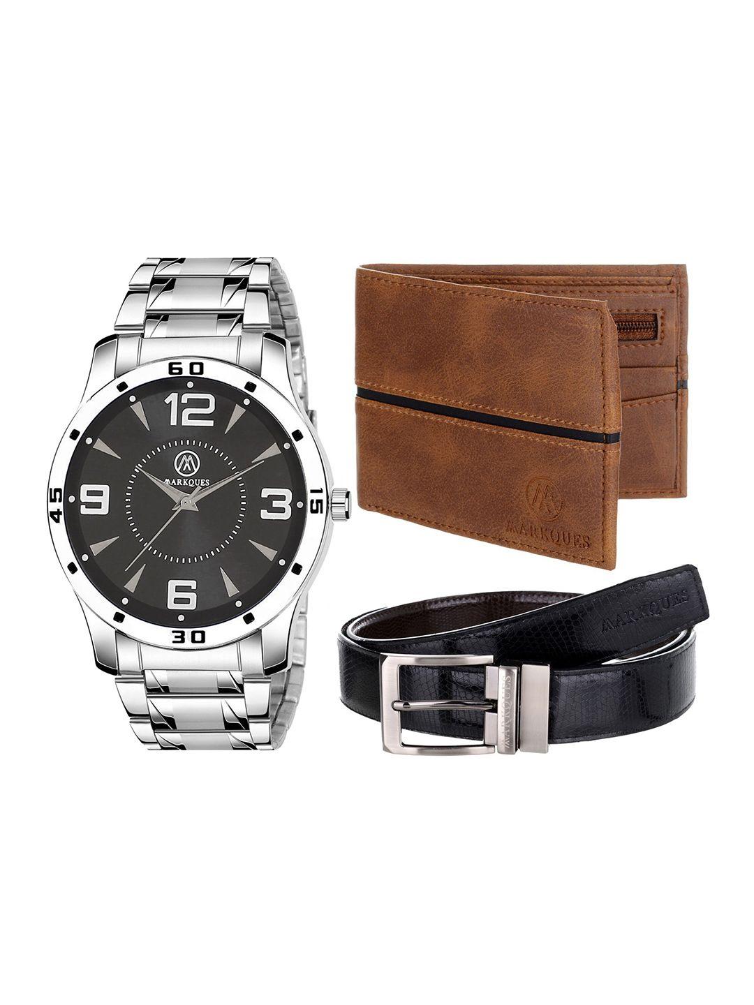markques men brown & silver-toned leather accessory gift set