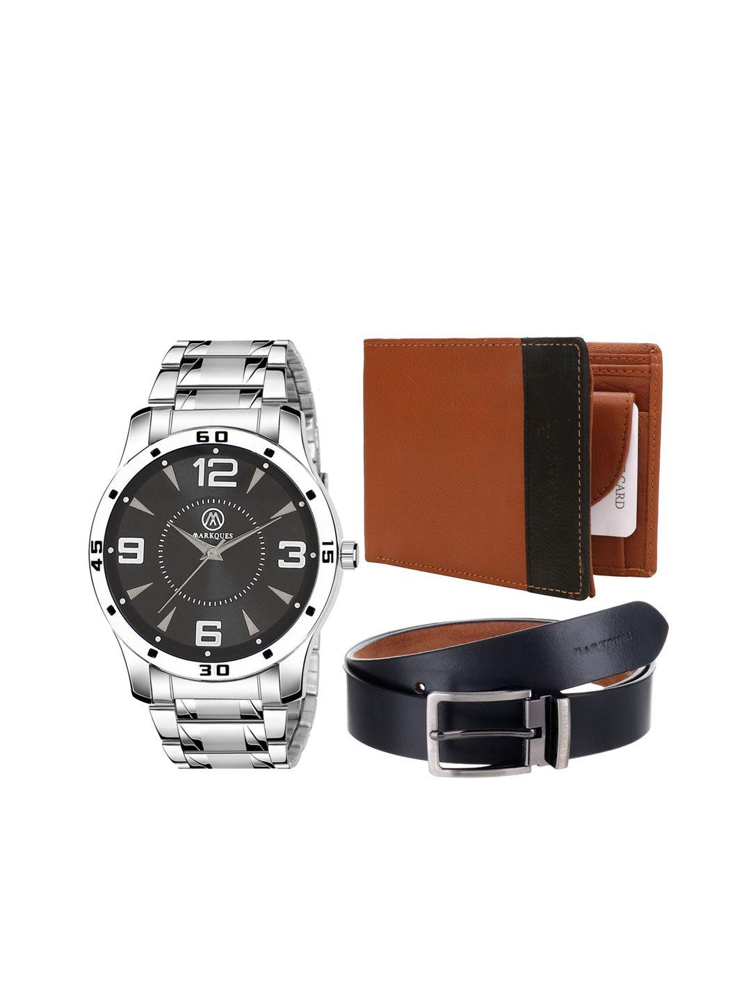 markques men brown & silver-toned solid accessory gift set