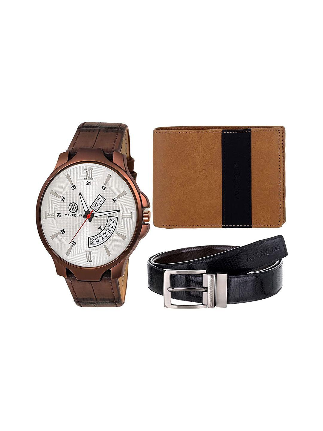 markques men brown  watch, wallet and belt combo gift set accessory gift set