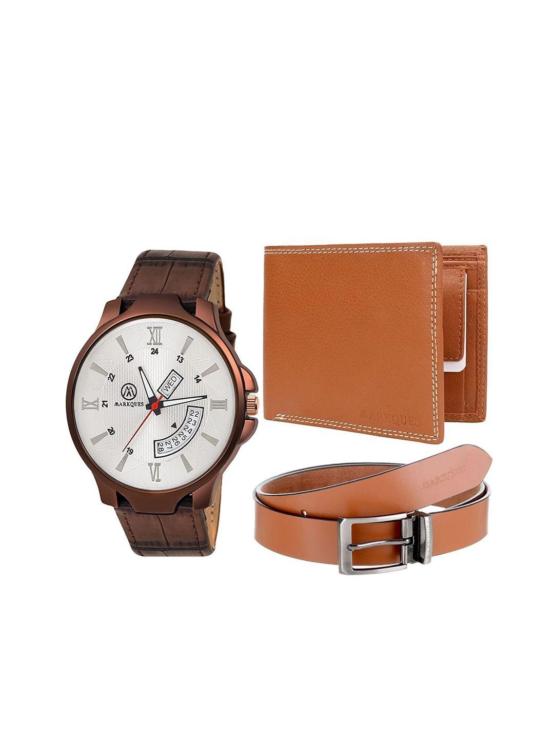 markques men brown solid leather accessory gift set