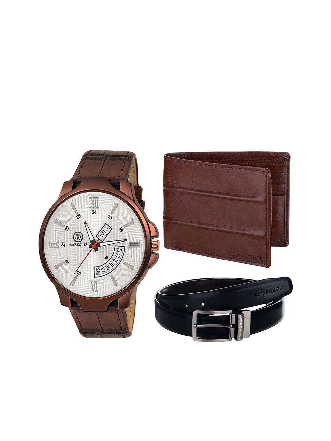 markques men brown solid watch, wallet and belt combo gift set