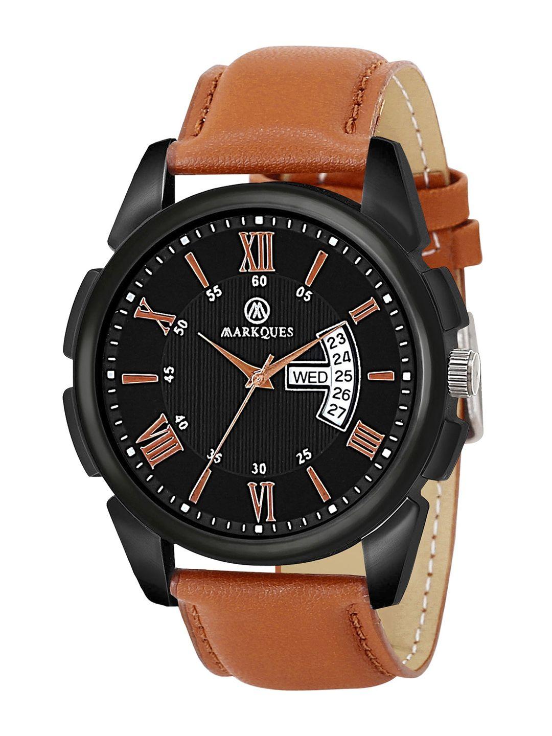 markques men leather straps analogue multi function watch