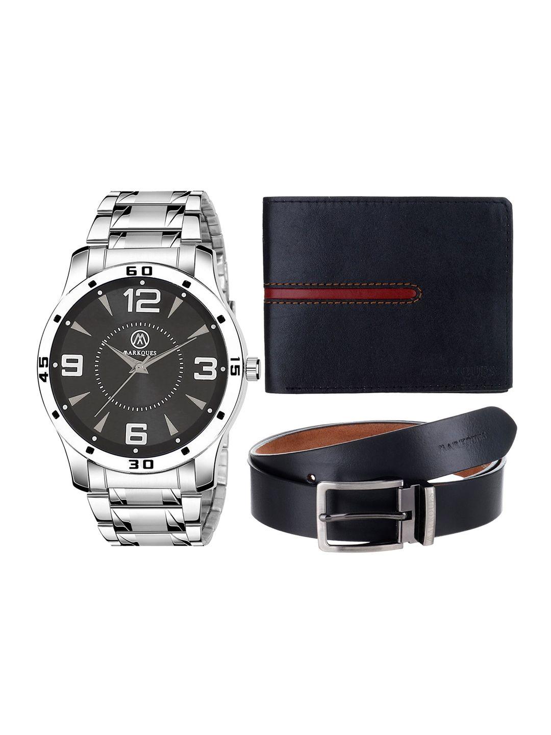 markques men navy blue & silver-toned solid leather accessory gift set