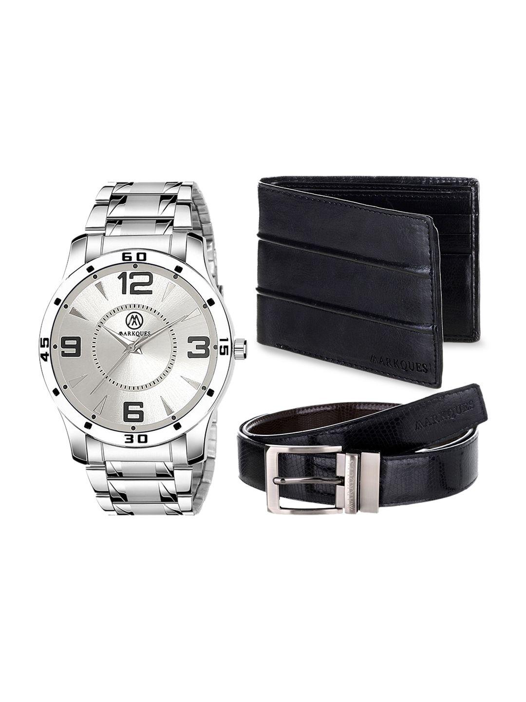 markques men silver & black analogue watch wallet & belt accessory gift set