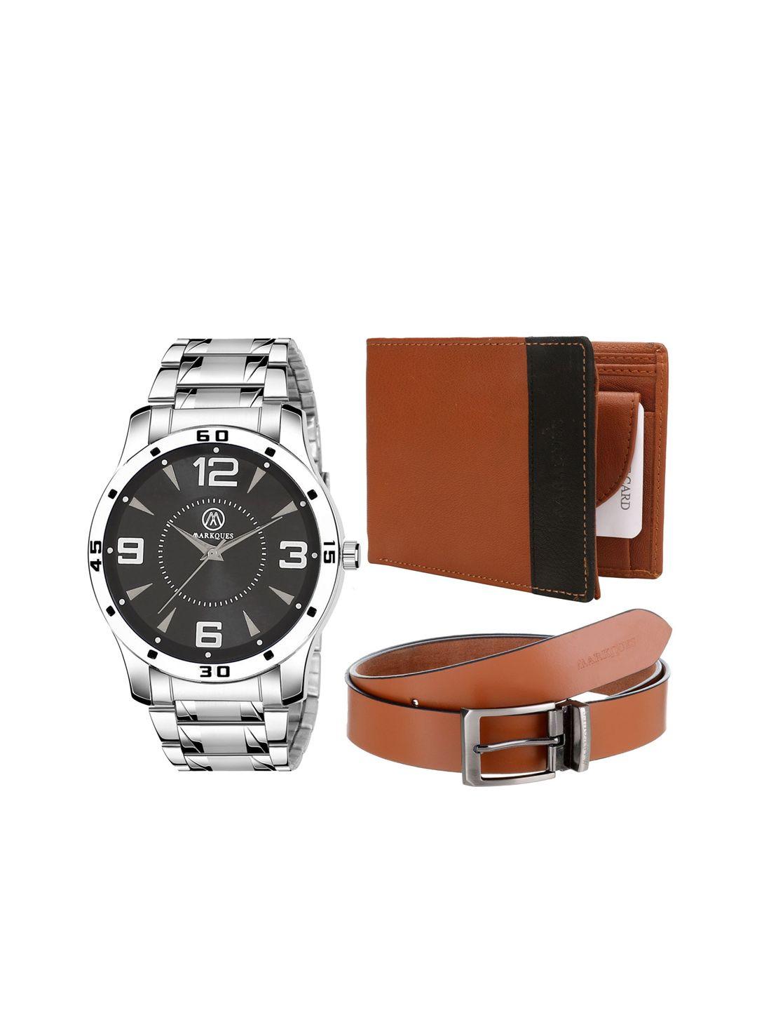 markques men silver-toned & black solid leather accessory gift set