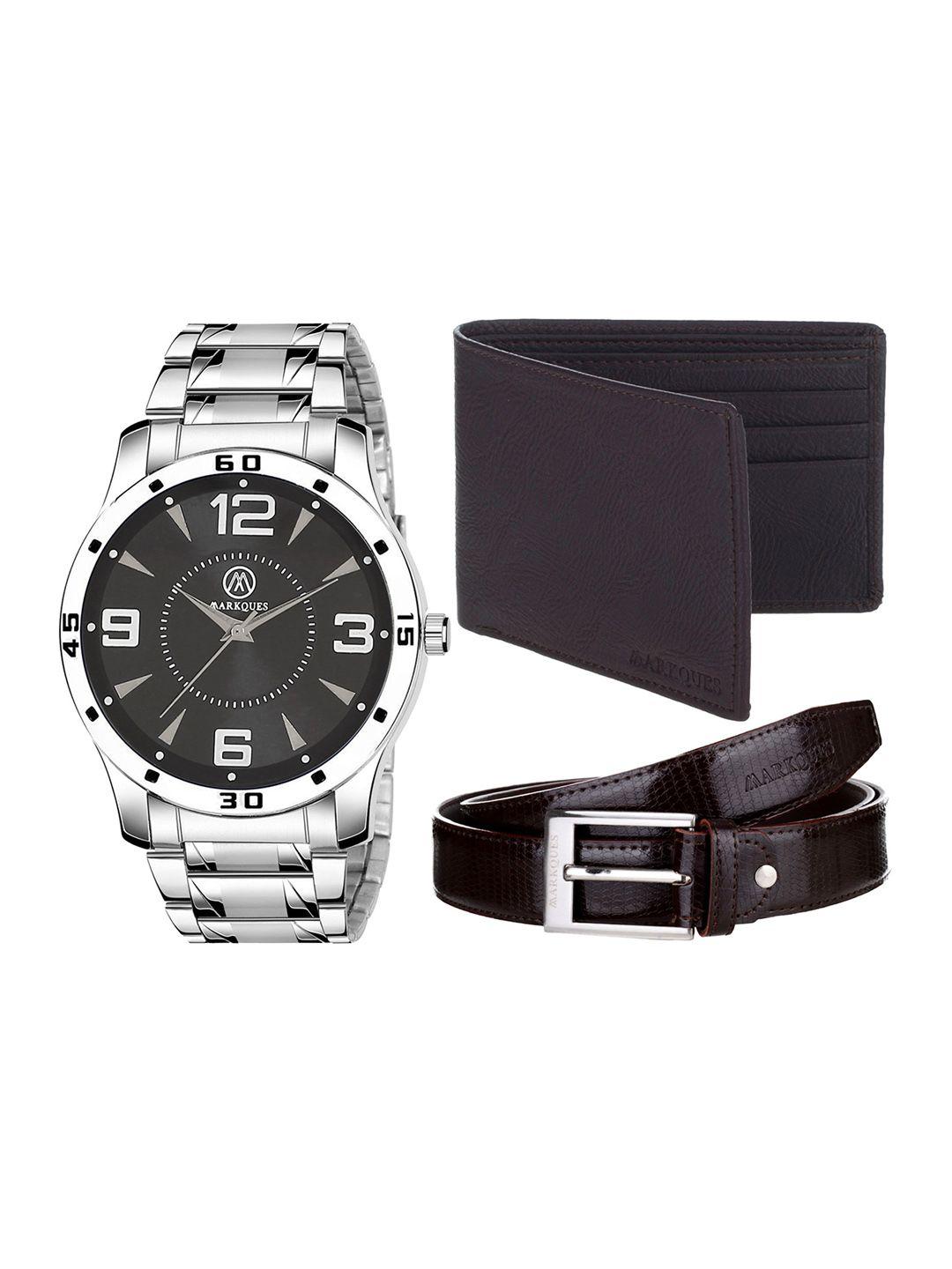 markques men silver-toned watch & black solid leather wallet accessory gift set