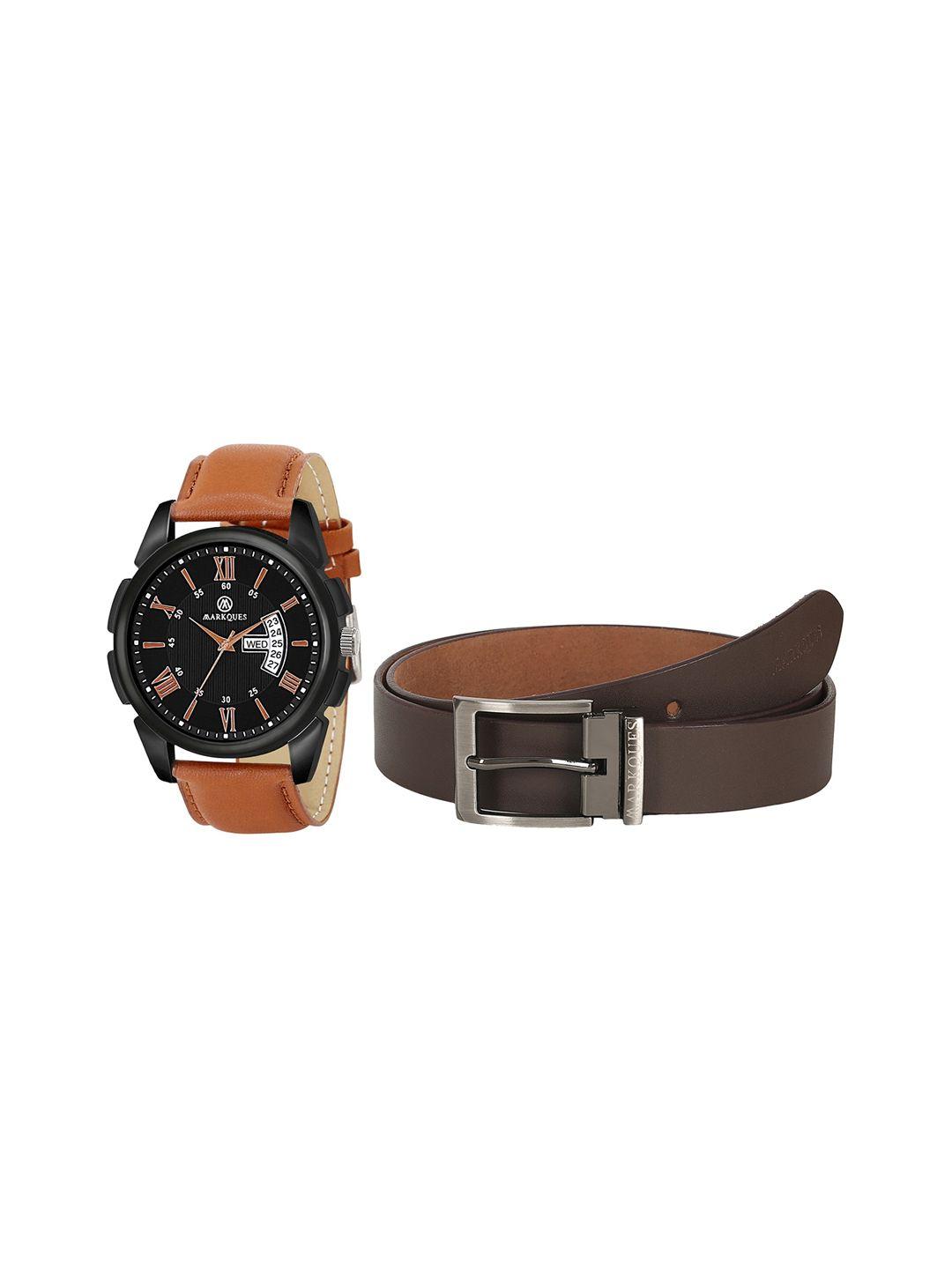 markques men solid leather watch & belt gift set