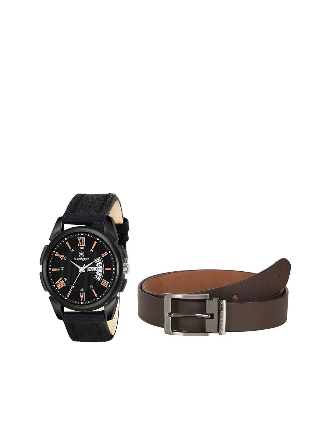 markques men solid leather watch and belt combo gift set