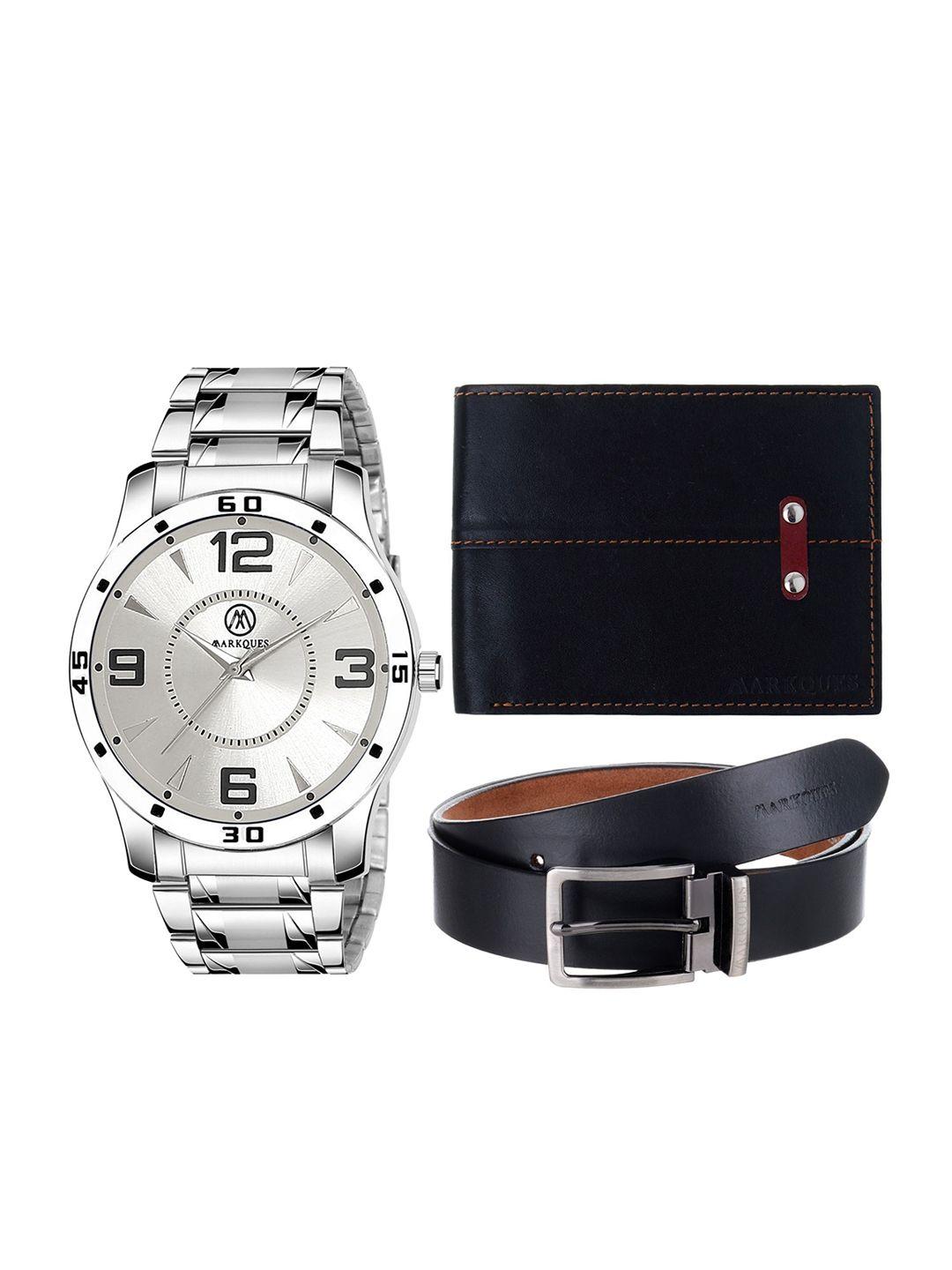 markques men solid watch, belt and wallet combo accessory gift set