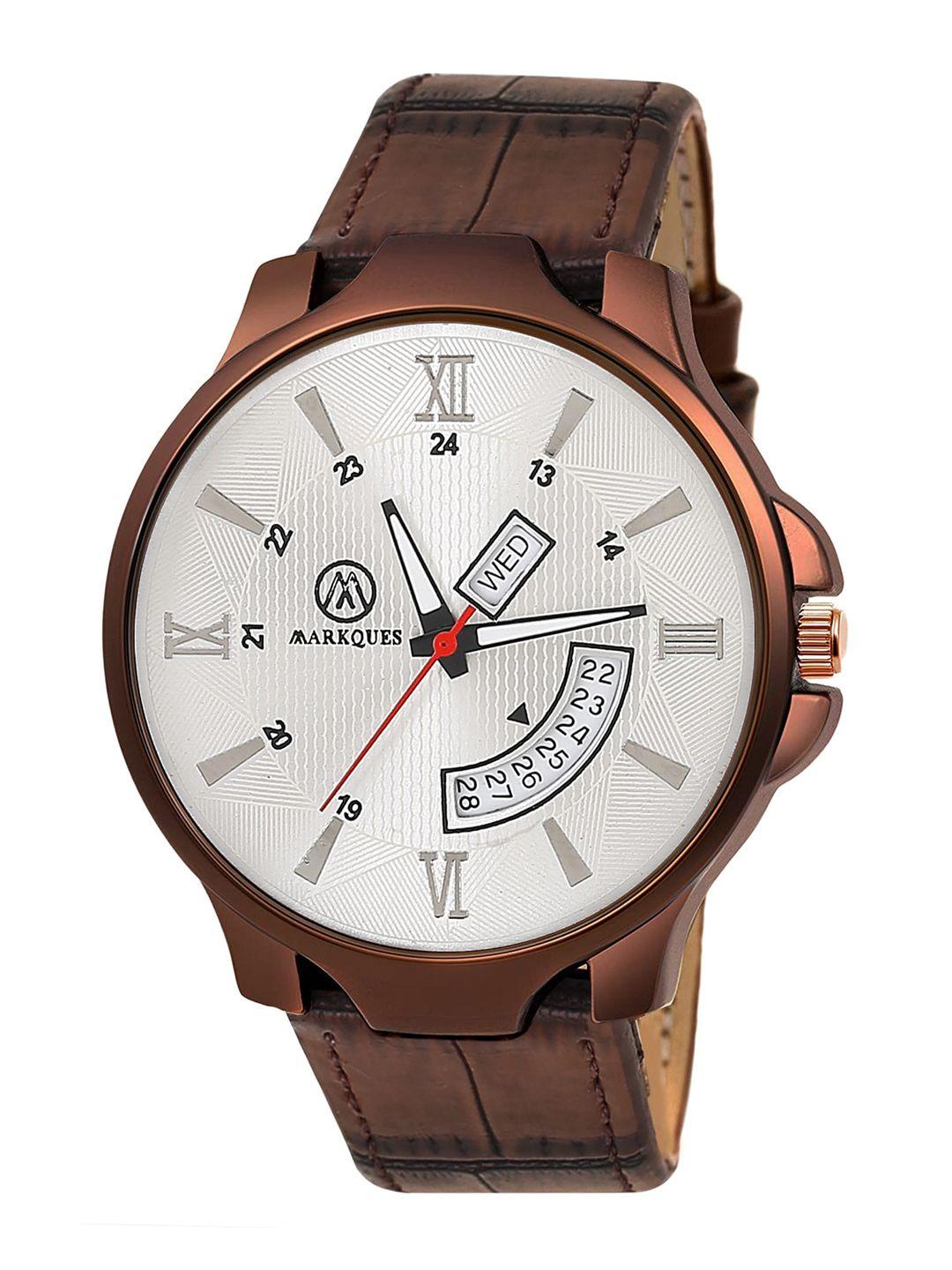 markques men white printed dial & brown leather straps analogue watch prv-77020902-brown