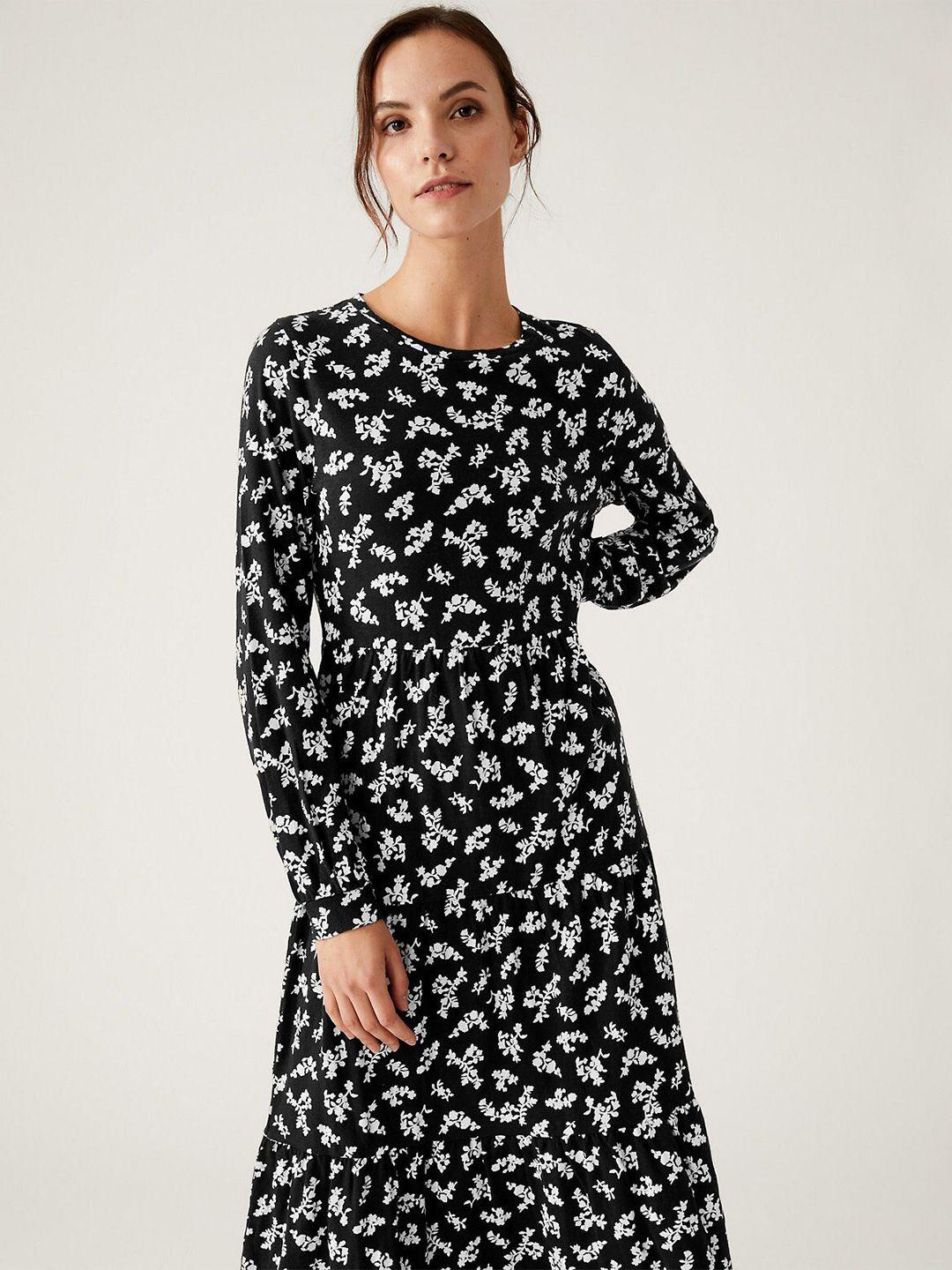 marks & spencer black & white cotton floral a-line midi dress