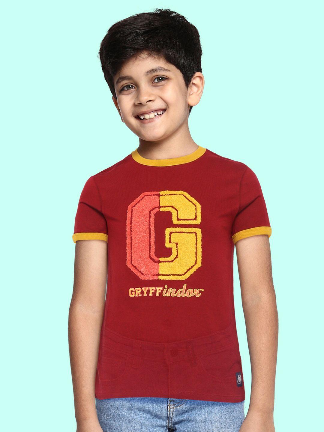 marks & spencer boys maroon & yellow pure cotton applique t-shirt