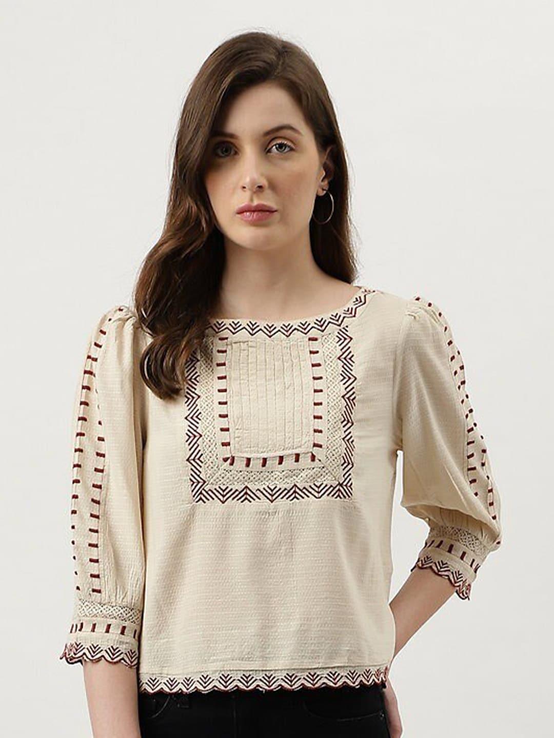 marks & spencer embroidered round neck three-quarter sleeves casual top