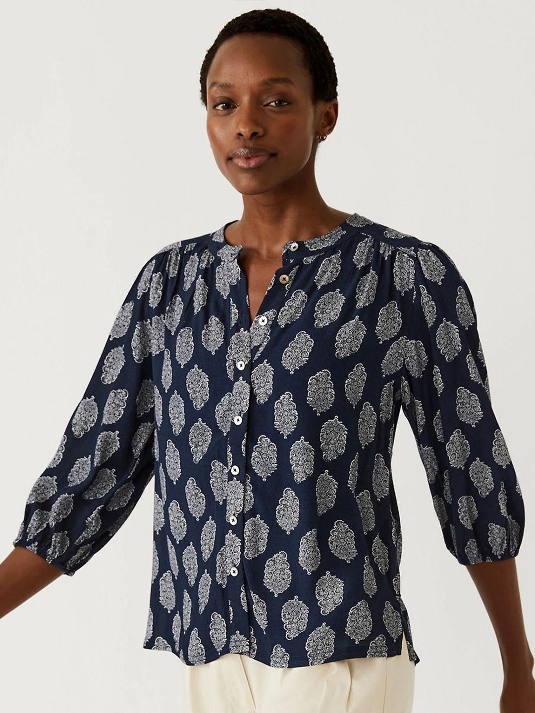 marks & spencer ethnic motifs printed mandarin collar puff sleeves shirt style top