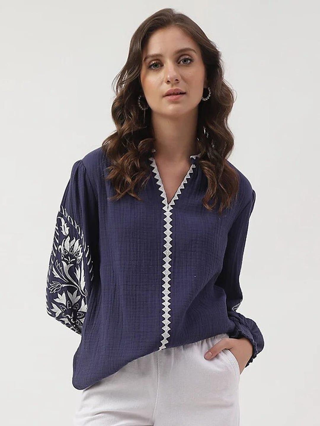 marks & spencer floral embroidered cuffed sleeves mandarin collar top