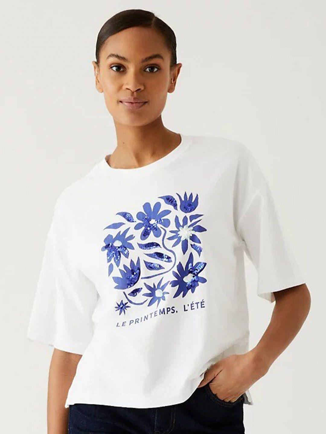 marks & spencer floral printed drop-shoulder sleeves pure cotton t-shirt