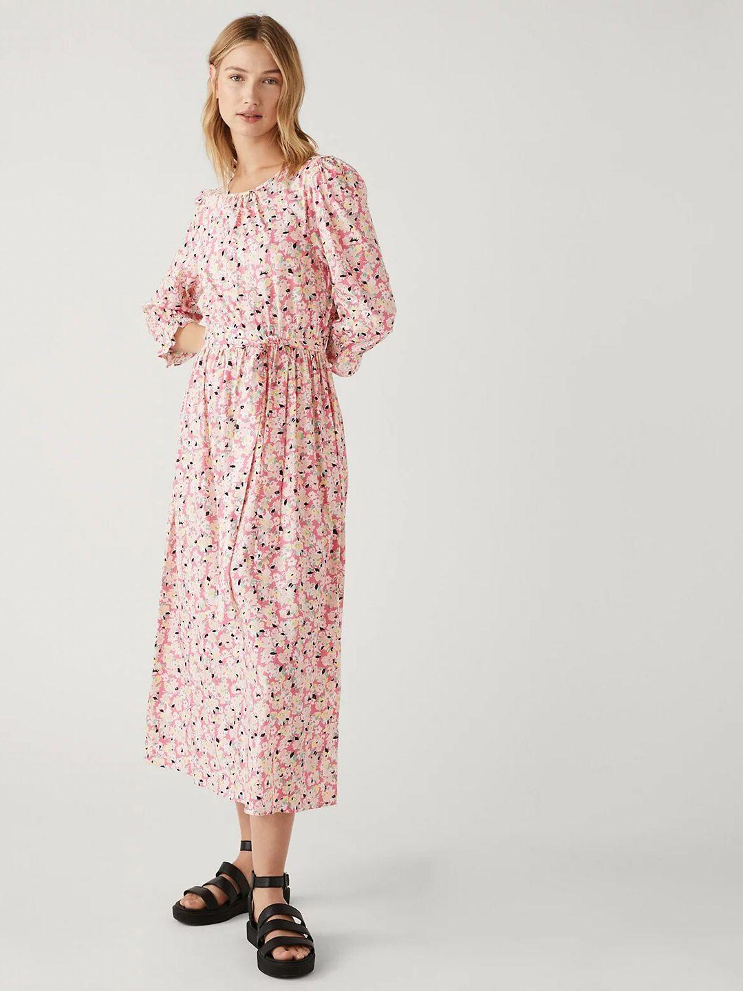 marks & spencer floral printed pure cotton fit & flare midi dress with belt