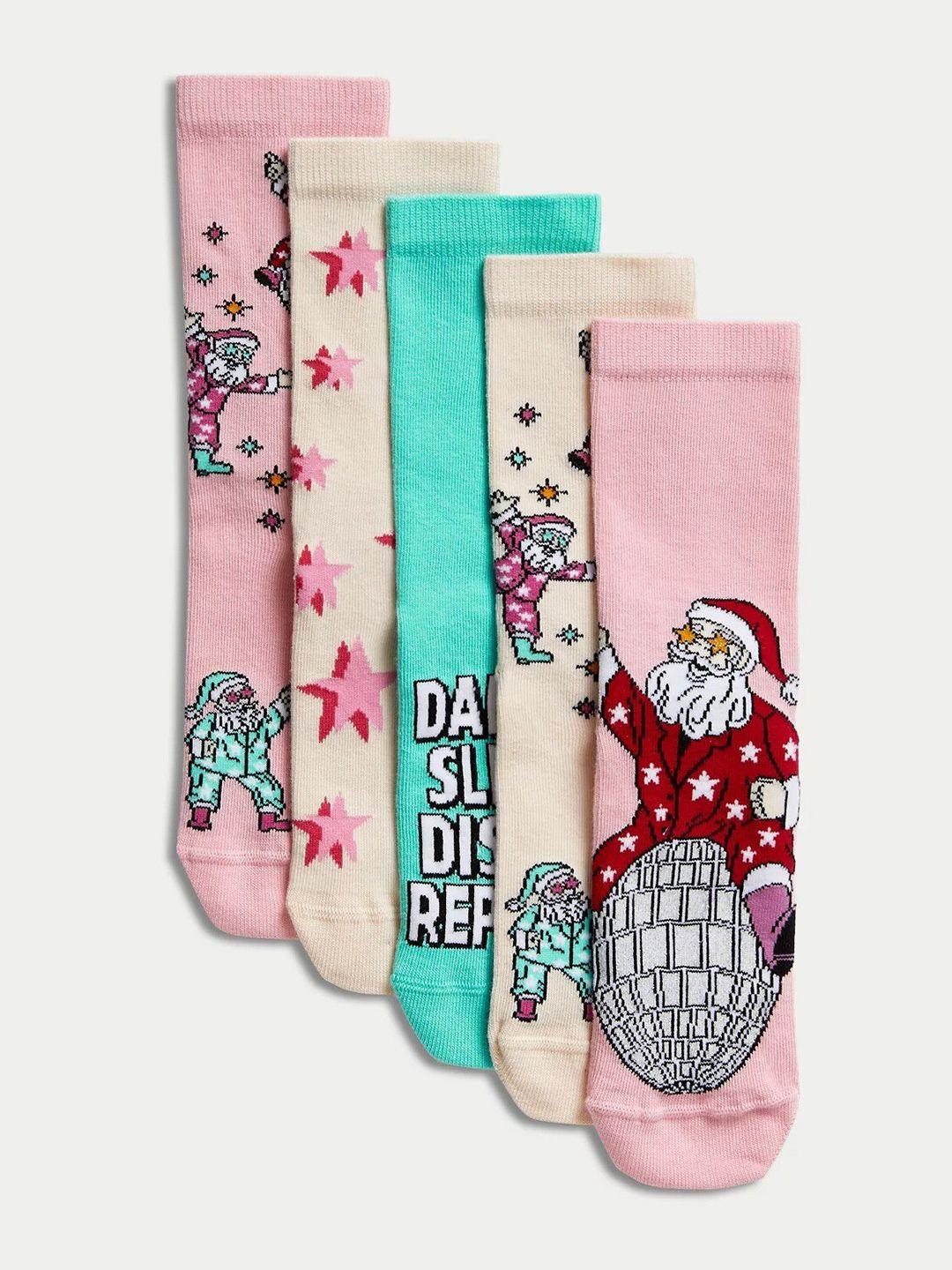 marks & spencer girls pack of 5 rich disco santa printed ankle-length cotton socks