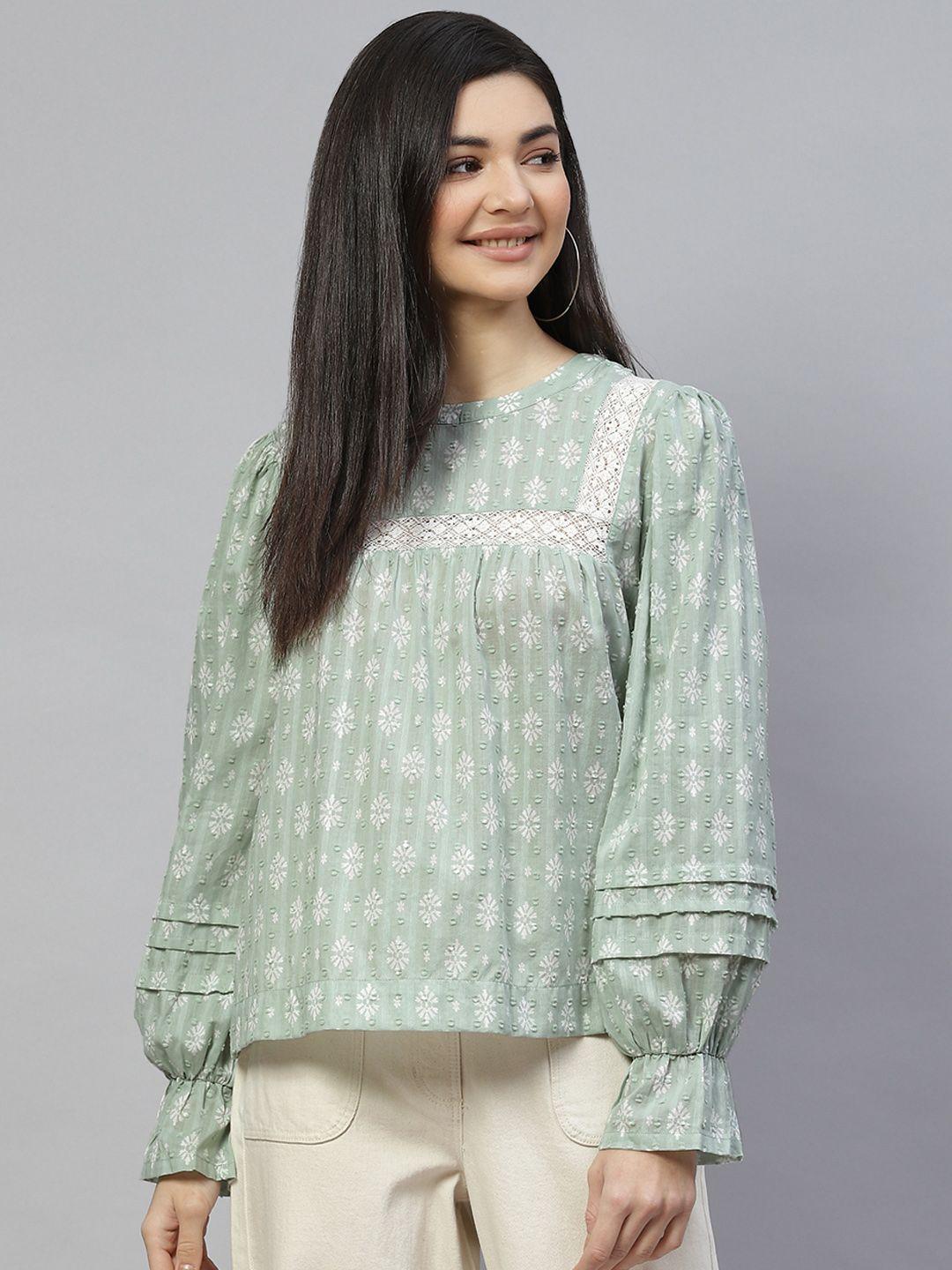 marks & spencer green & off white pure cotton print puff sleeve top