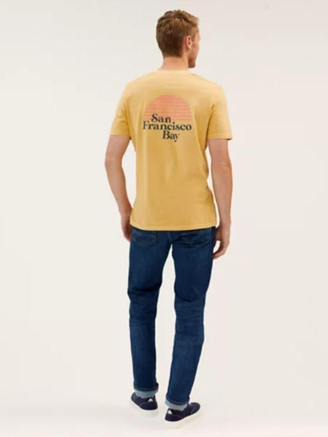 marks & spencer men yellow mandarin collar applique t-shirt