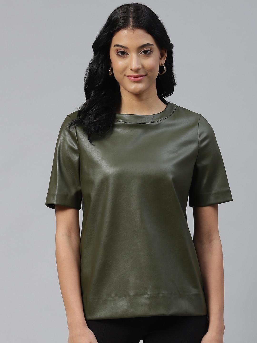 marks & spencer olive green solid faux leather top