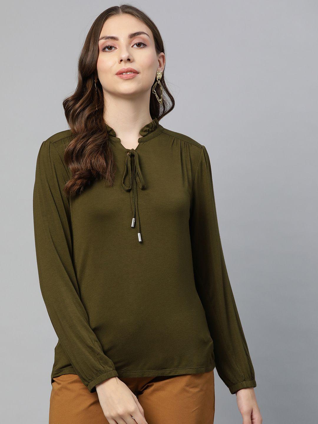 marks & spencer olive green tie-up neck long puff sleeve top