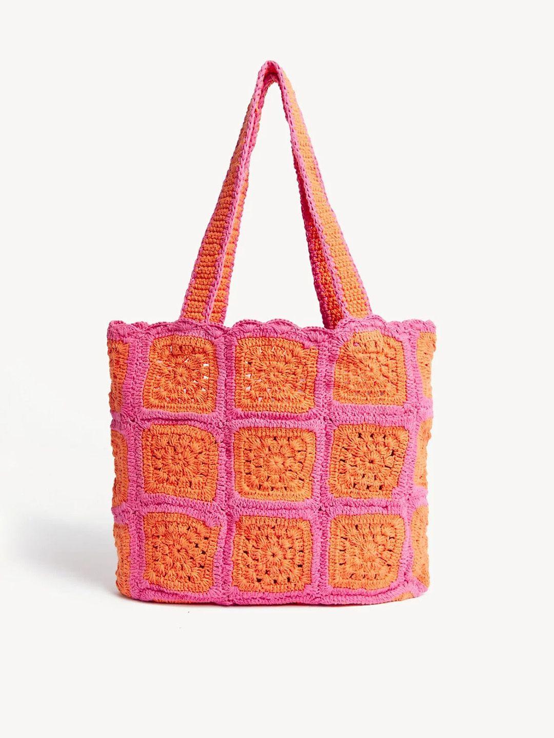 marks & spencer pink & orange self design cotton shopper tote bag