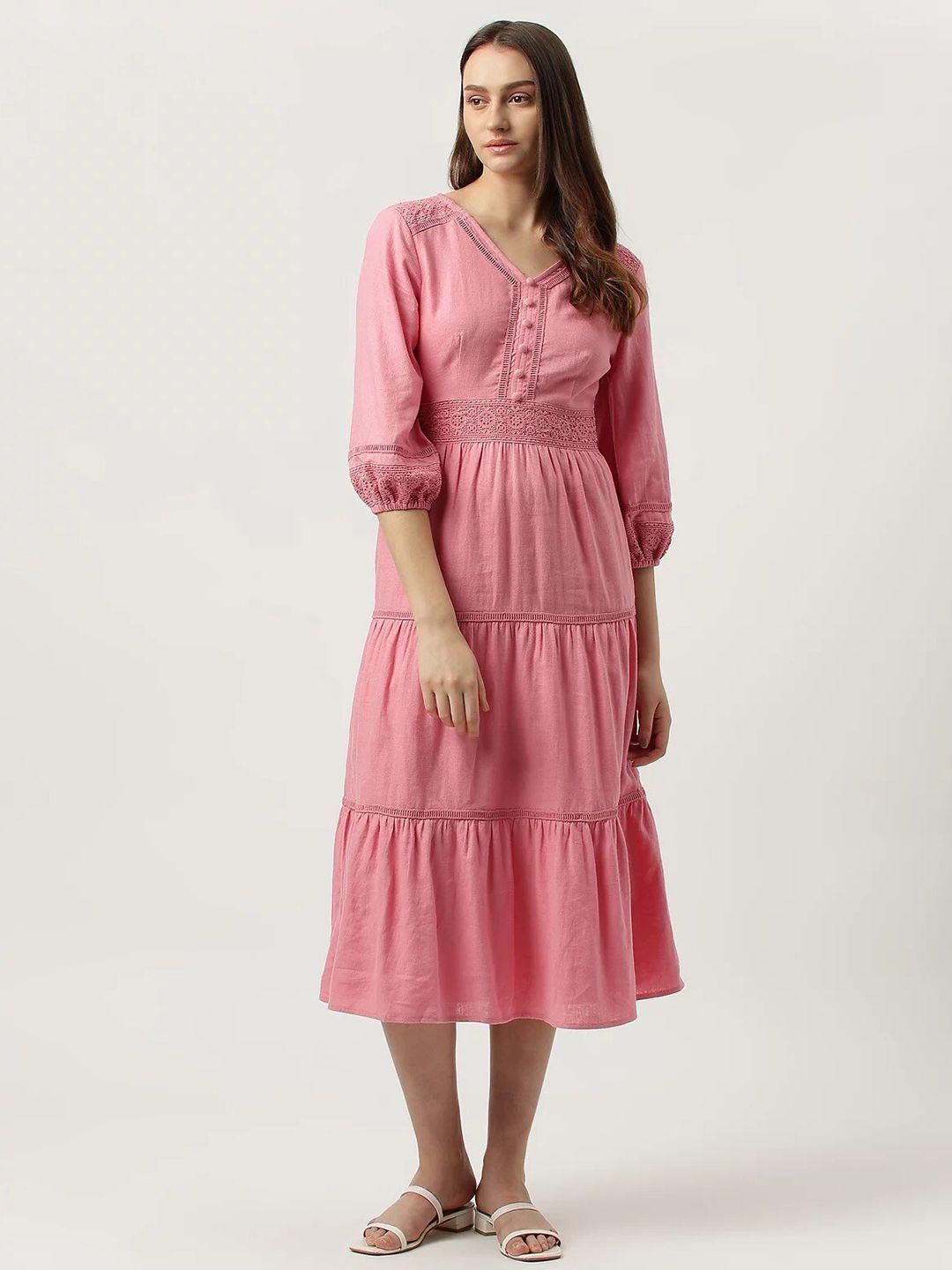 marks & spencer self design puff sleeves tiered linen fit & flare midi dress