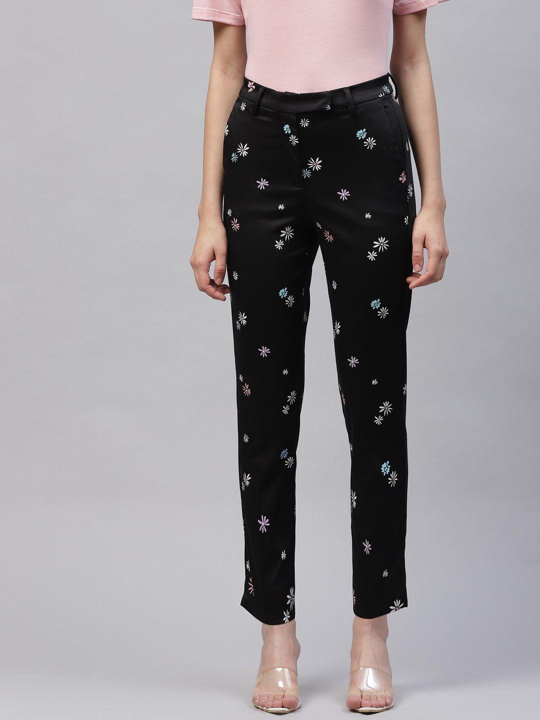 marks & spencer women black & white floral print slim fit trousers