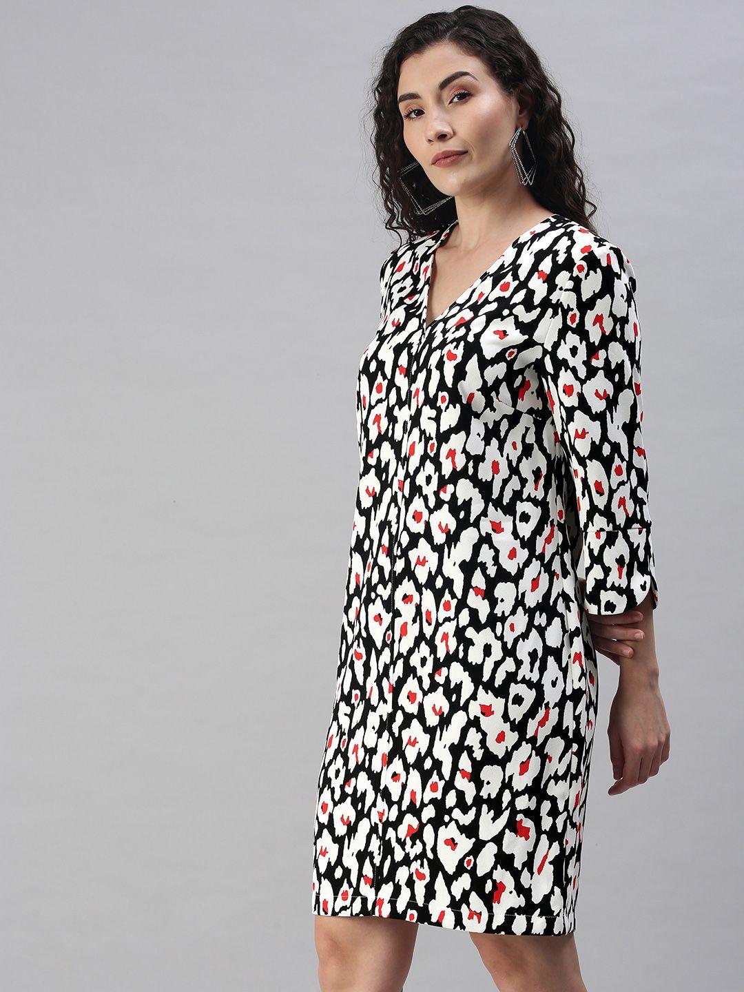 marks & spencer women black & white printed v neck a-line dress