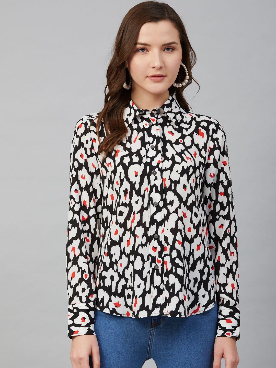 marks & spencer women black & white regular fit floral printed casual shirt