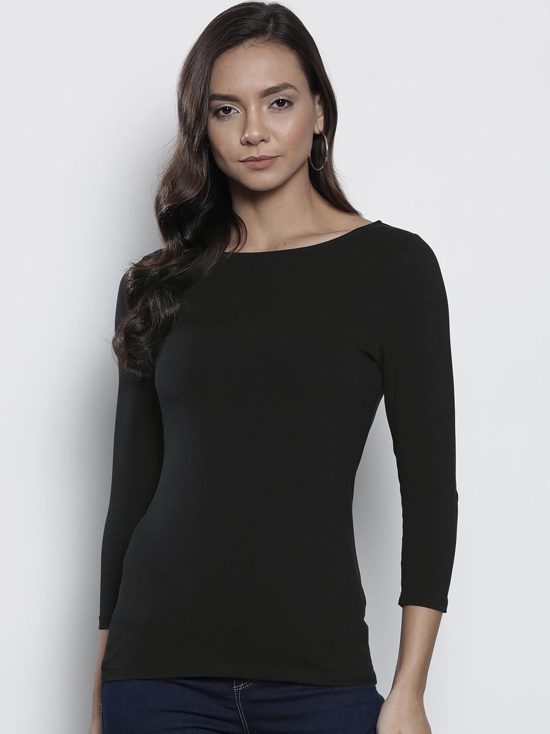 marks & spencer women black fitted solid round neck t-shirt