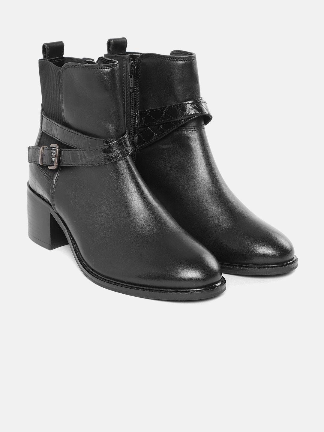 marks & spencer women black leather croc textured detail mid-top heeled boots