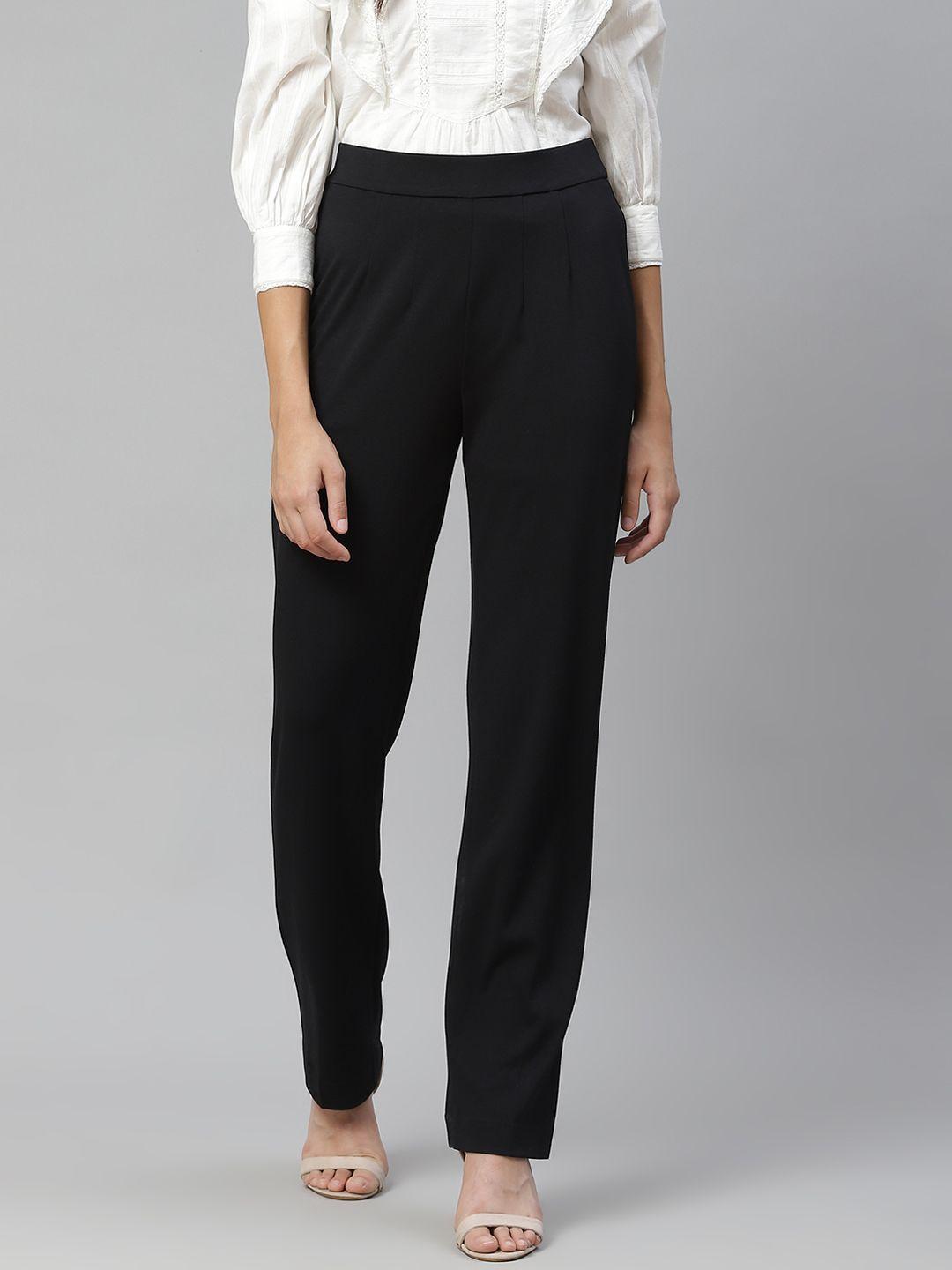 marks & spencer women black solid straight fit high-rise parallel trousers