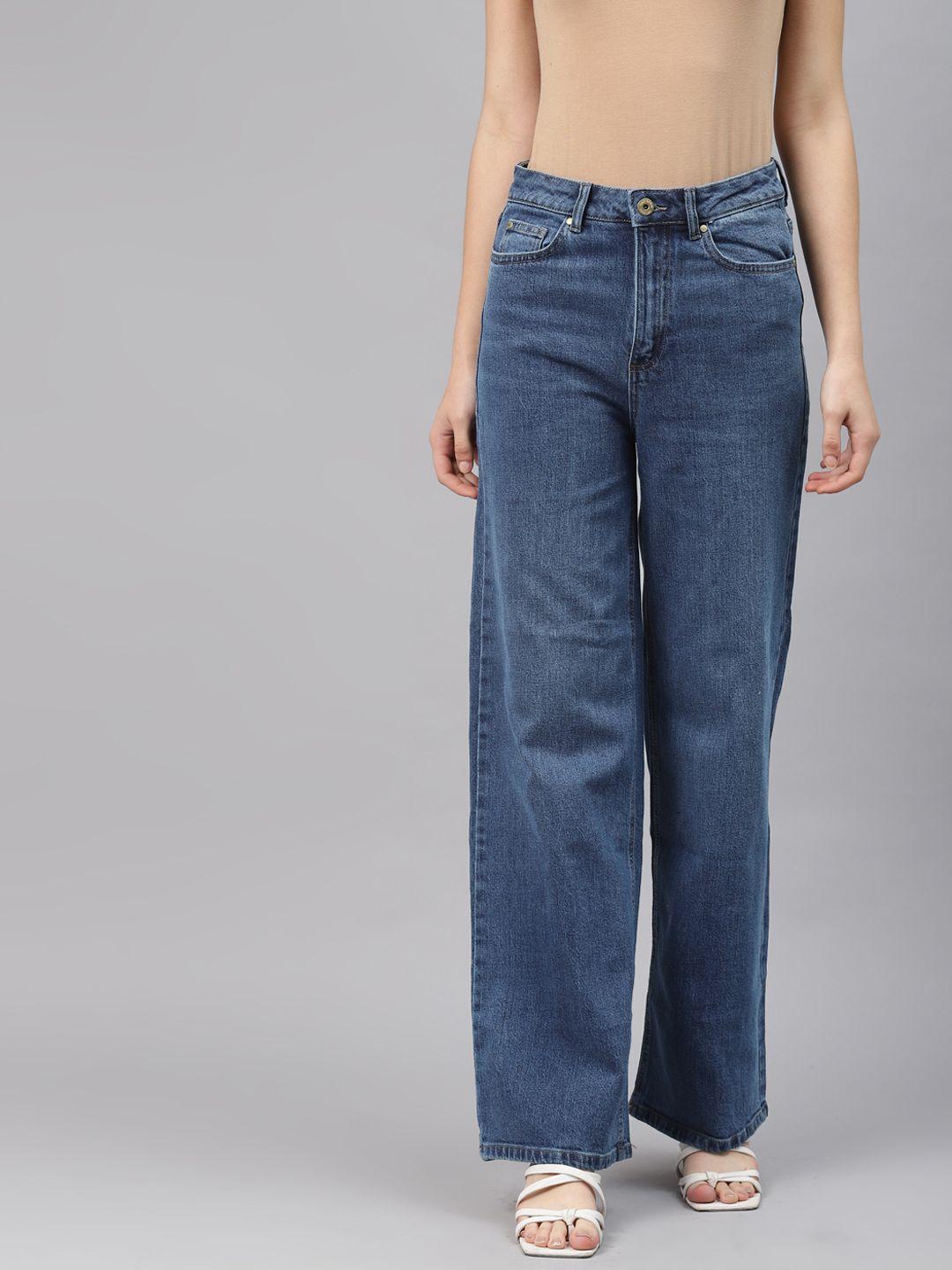 marks & spencer women blue wide leg light fade mid-rise stretchable jeans