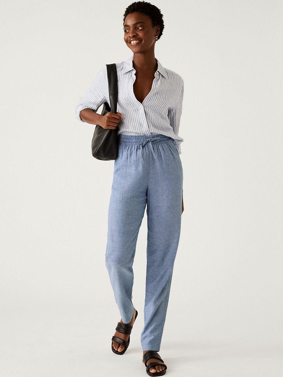 marks & spencer women checked tapered fit high-rise trousers