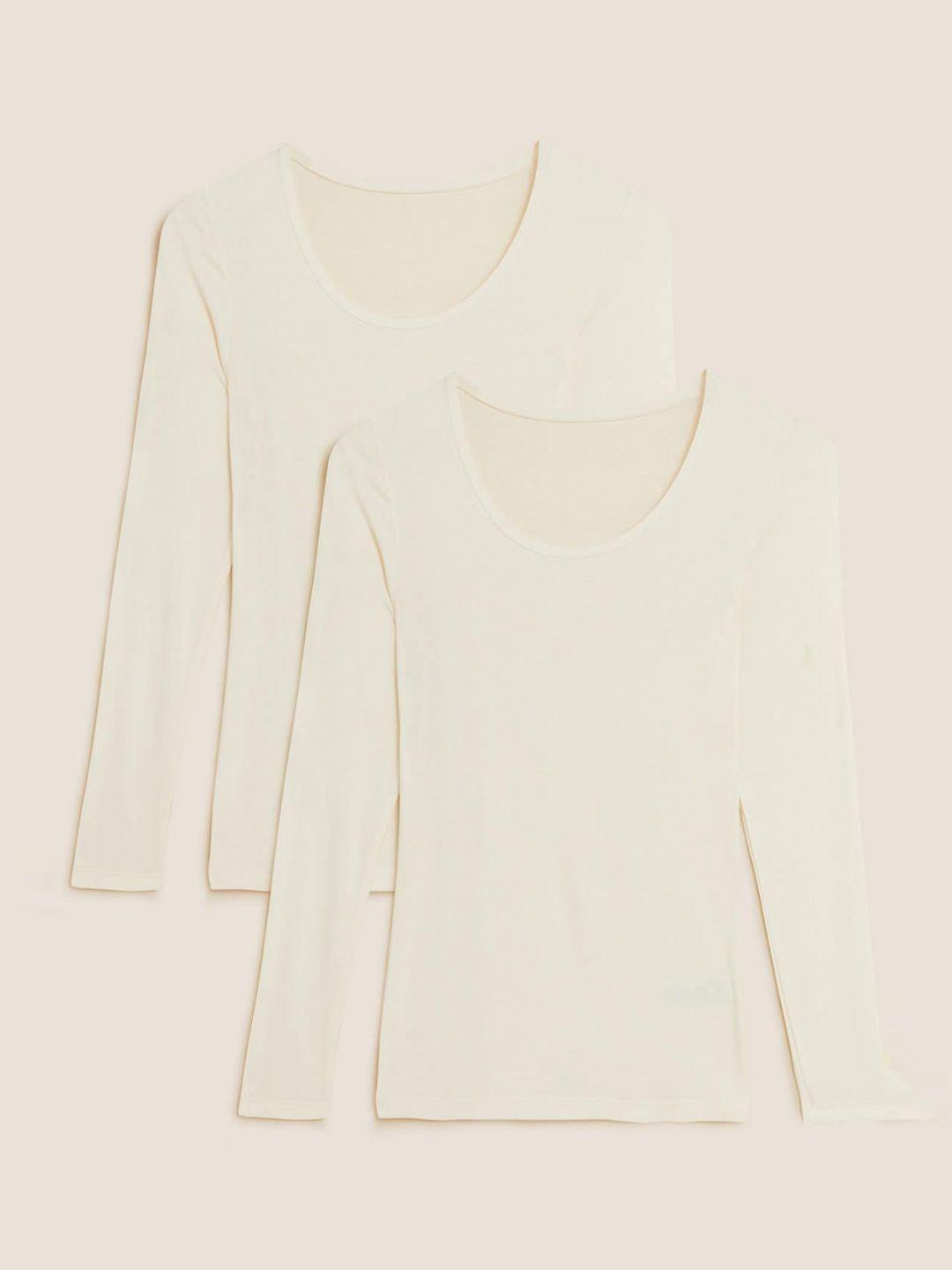 marks & spencer women cream coloured pack of 2 solid thermal tops