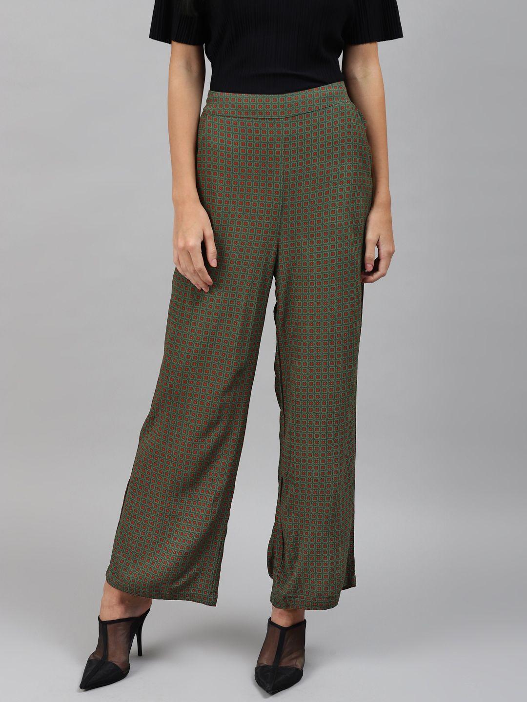marks & spencer women green printed trousers