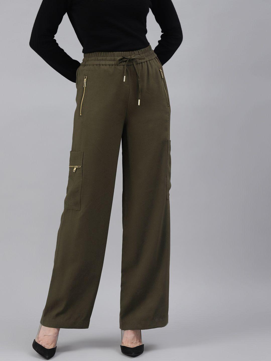 marks & spencer women khaki mid-rise solid flared track pants