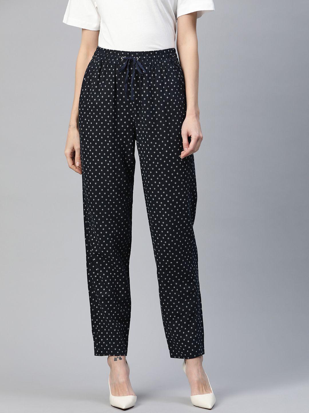 marks & spencer women linen blend bandhani printed loose fit high-rise trousers