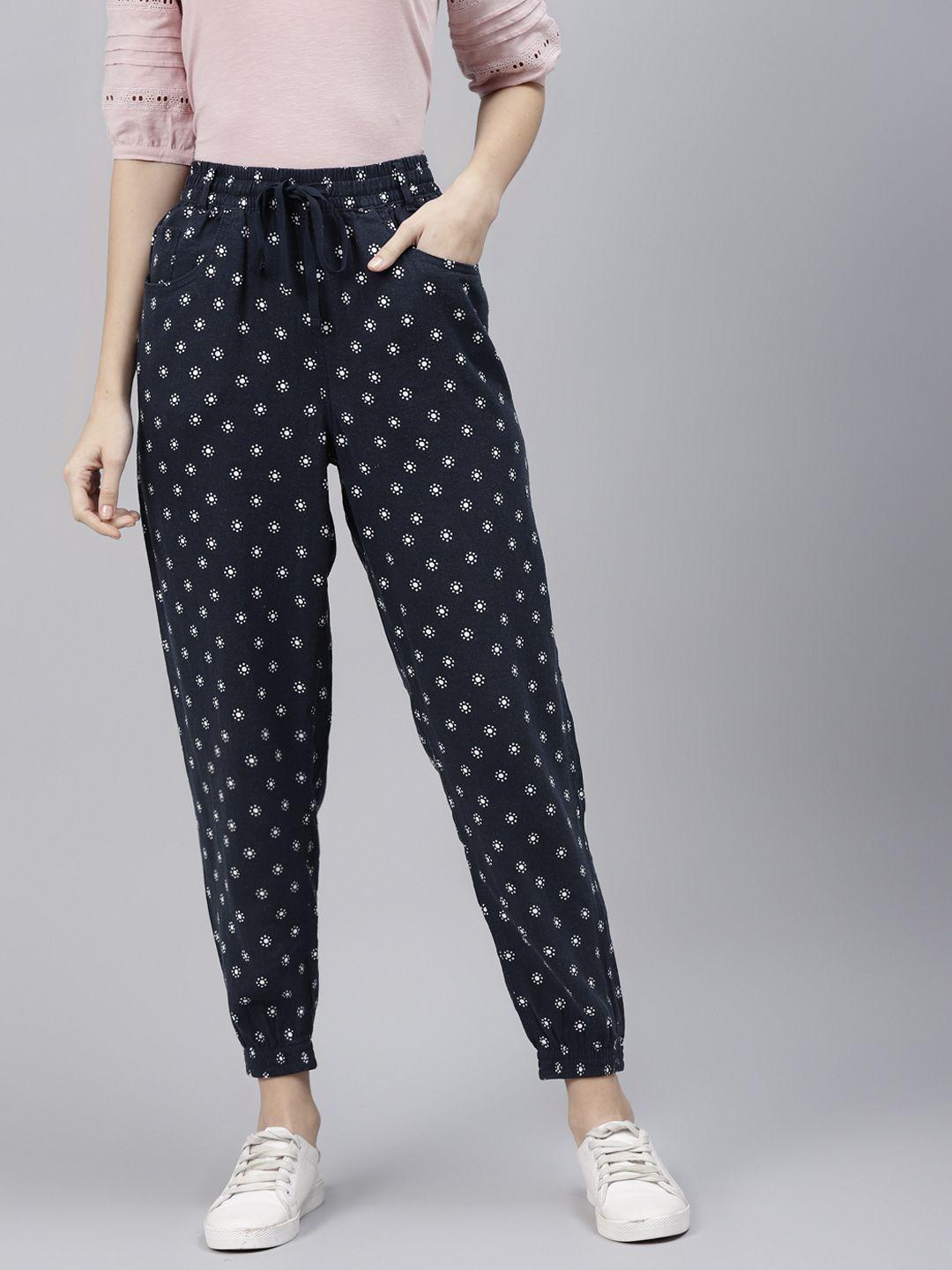 marks & spencer women navy blue floral printed linen joggers trousers