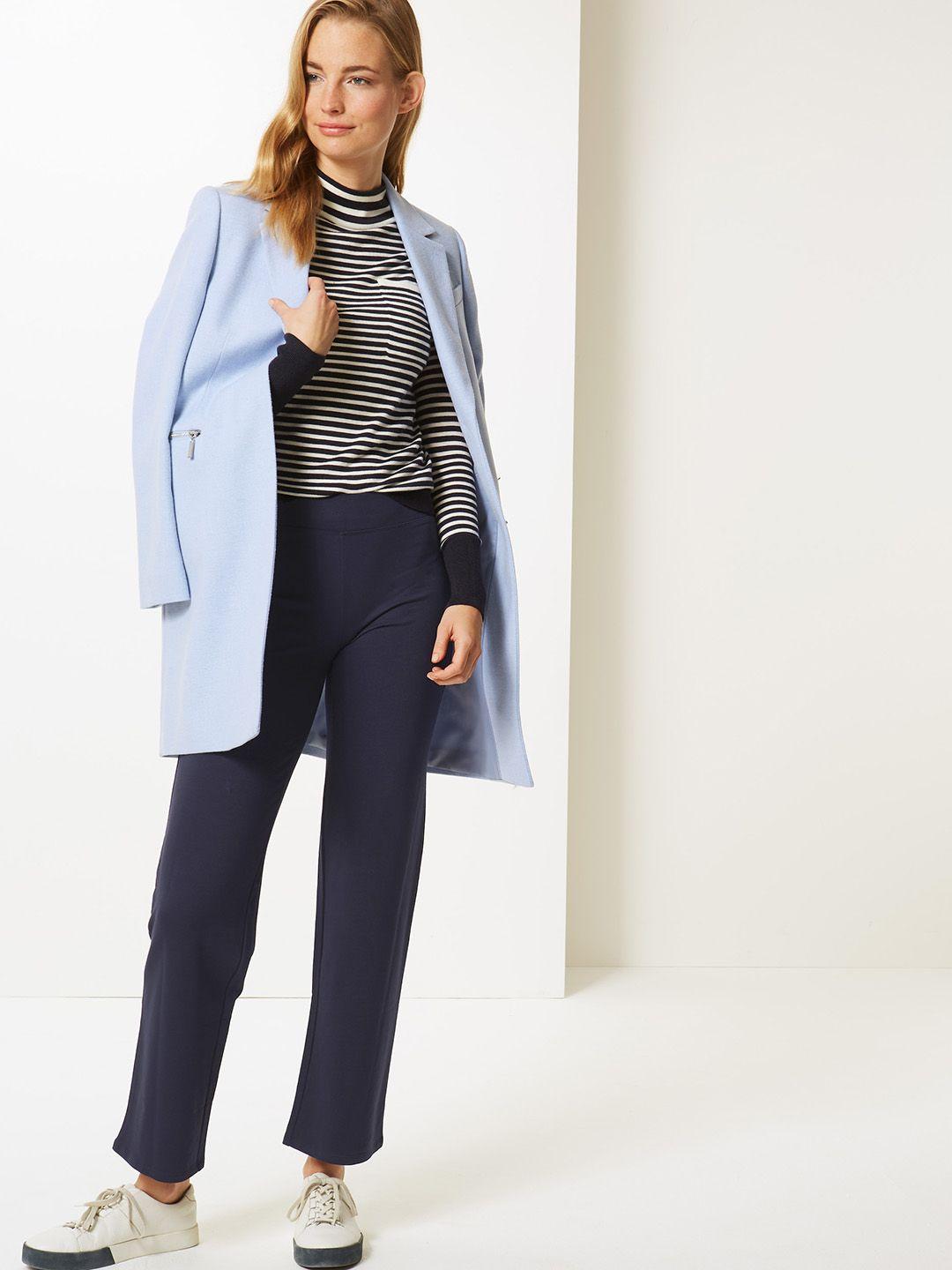 marks & spencer women navy blue regular fit solid regular trousers