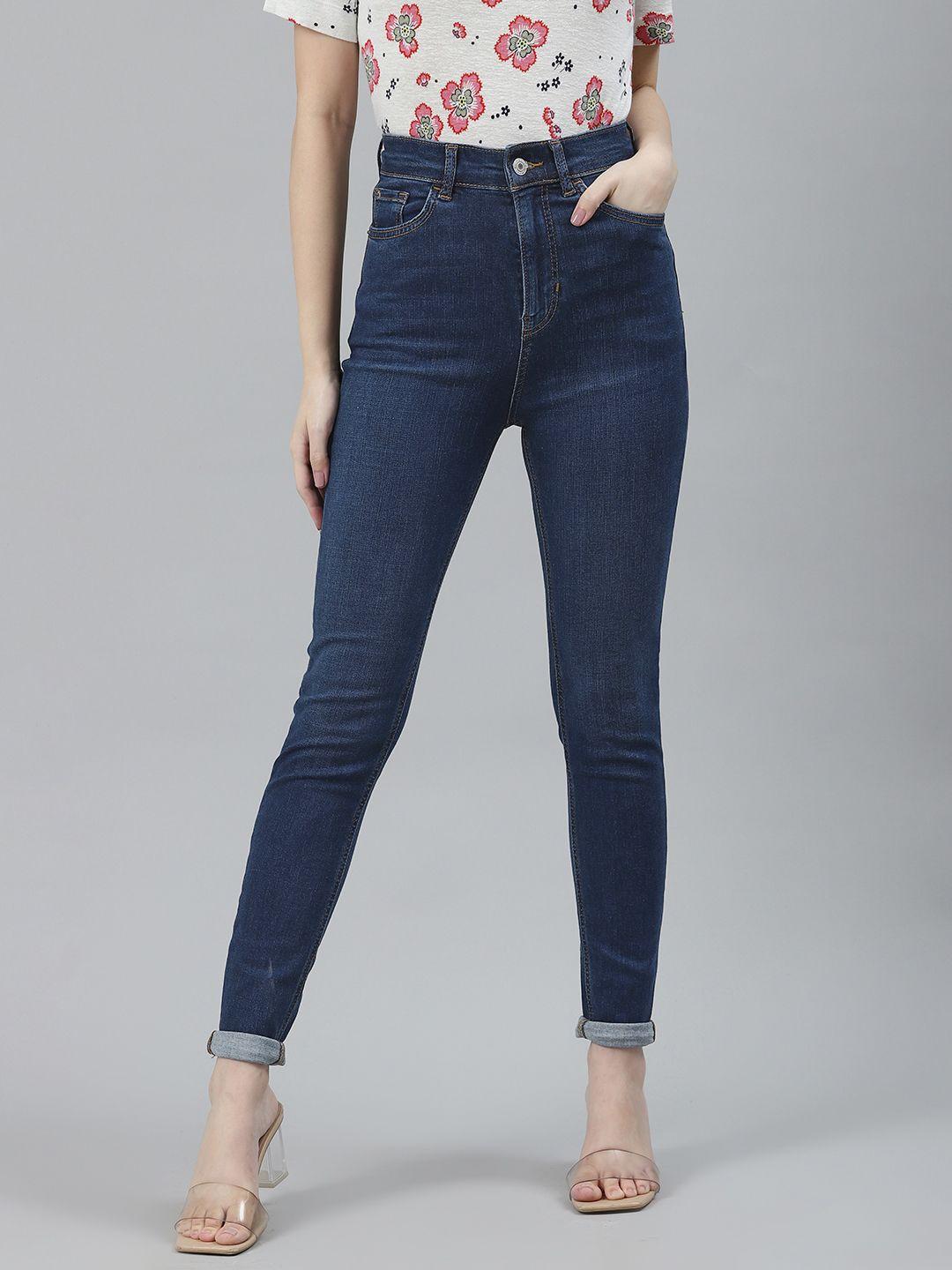 marks & spencer women navy blue skinny fit high-rise clean look jeans
