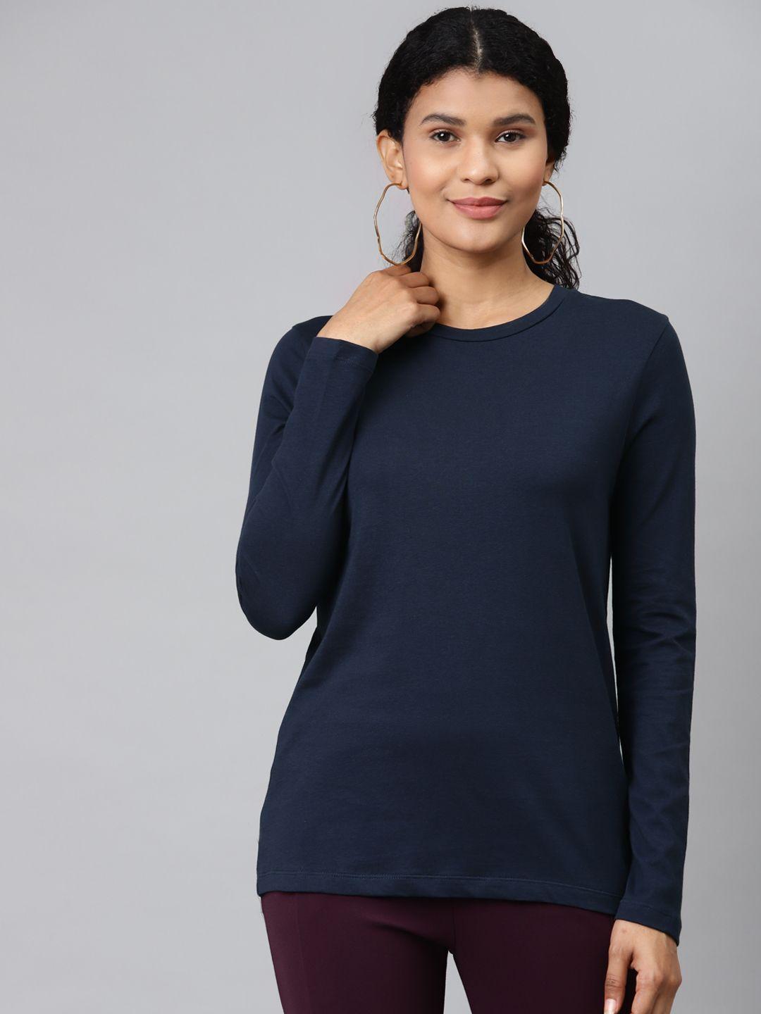 marks & spencer women navy blue solid cotton round neck t-shirt