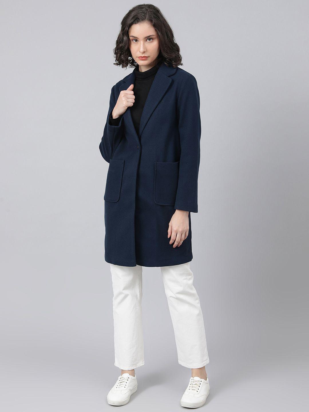 marks & spencer women navy blue solid notched lapel collar over coat