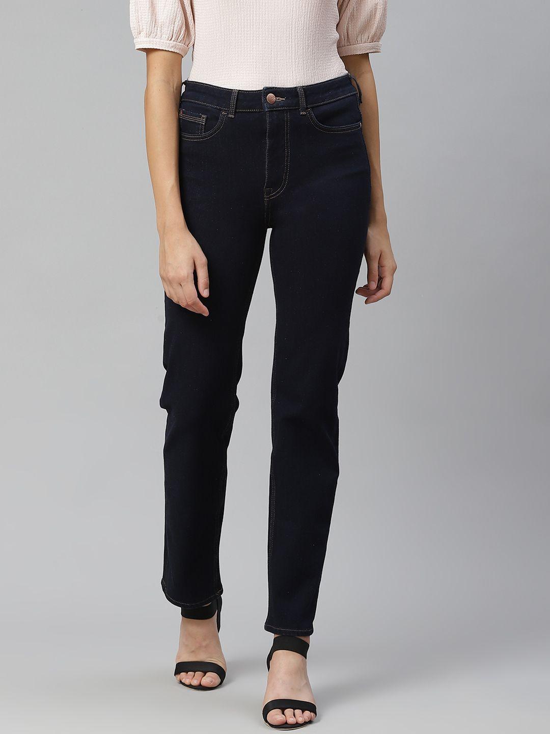 marks & spencer women navy blue straight fit high-rise stretchable jeans